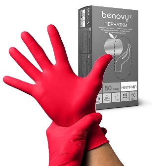 Купить перчатки benovy смотровые нитриловые нестерильные неопудренные текстурные с однократной хлорацией размер l, 100 шт, красные в Нижнем Новгороде
