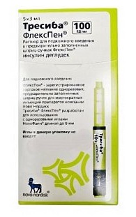 Тресиба, раствор для подкожного введения 100 ЕД/мл, картридж 3мл в шприц-ручке ФлексПен, 5 шт