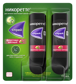 Никоретте, спрей для слизистой оболочки полости рта дозированный фруктово-мятный 1 мг/доза, 13,2мл (150доз), 2шт