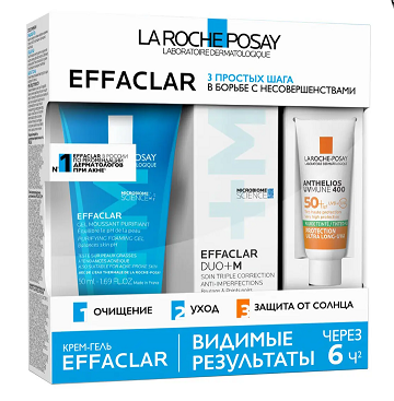La Roche-Posay (Ля Рош Позе) набор Эфаклар:гель очищающий, 50мл+крем-гель Дуо+М, 15мл+флюид Антгелиос UVMune 400, 3мл