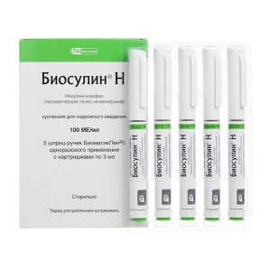 Биосулин Н, суспензия для подкожного введения 100 МЕ/мл, картридж 3мл+шприц-ручка БиоматикПен 2, 5шт