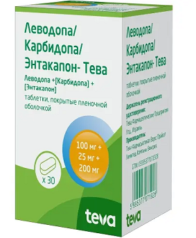 Леводопа/Карбидопа/Энтакапон-Тева, таблетки покрытые пленочной оболочкой 100мг+25мг+200мг 30шт