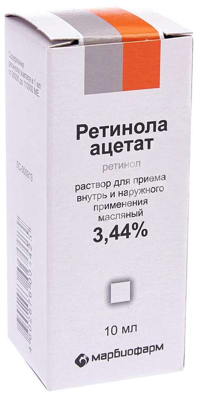 Ретинола ацетат, капли для приема внутрь и наружного применения 3,44% .