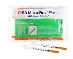 Шприц 0,5мл BD инсулиновый U-100 Микро-файн Плюс с иглой 30G 0,3х8мм 10шт