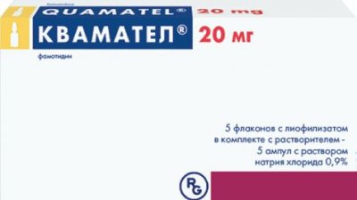 Купить квамател, лиофилизат для приготовления раствора для внутривенного введения 20мг, флаконы 72,8 мг+растворилель 5мл, 5 шт в Нижнем Новгороде