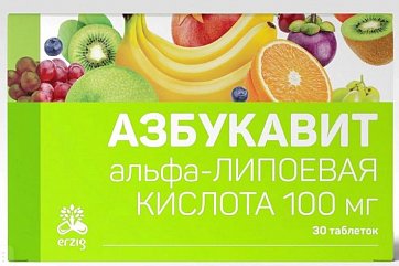 Азбукавит Альфа-липоевая кислота 100мг, таблетки массой 200мг, 30 шт БАД