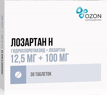 Лозартан-Н, таблетки, покрытые пленочной оболочкой 12,5мг+100мг, 30 шт