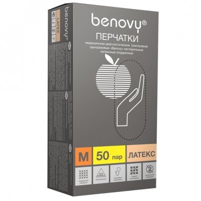 Купить перчатки benovy смотровые латексные нестерильные опудренные размер m 50 пар в Нижнем Новгороде