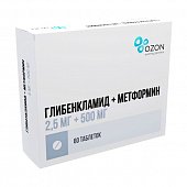 Купить глибенкламид+метформин, таблетки покрытые пленочной оболочкой 2,5мг+500мг, 60 шт  в Нижнем Новгороде