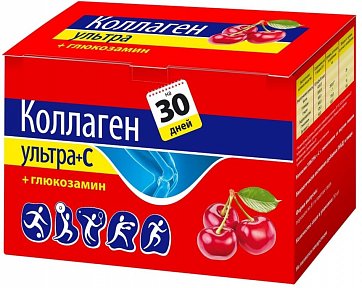 Коллаген Ультра+С+Глюкозамин, порошок с ароматом вишни пакет-саше массой 8 гр 30 шт. БАД