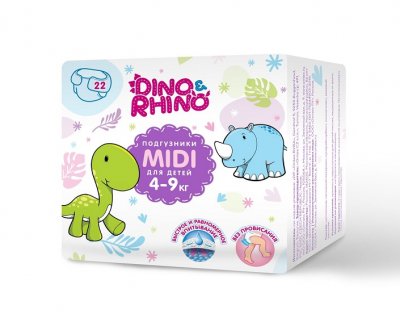 Купить подгузники для детей дино и рино (dino & rhino) размер midi 4-9 кг, 22 шт в Нижнем Новгороде