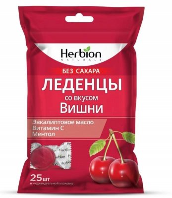 Купить herbion (хербион) с эвкалиптовым маслом, витамином с и ментолом со вкусом вишни без сахара, леденцы массой 2,5г 25 шт бад в Нижнем Новгороде