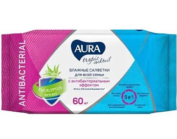Aura (Аура) салфетки влажные с антибактериальным эффектом tropic cocktail 60 шт.