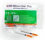 Шприц BD Микро-файн Плюс инсулиновый 100 МЕ/0,5 мл с интегрированной иглой 29G 0,33х12,7мм 10шт