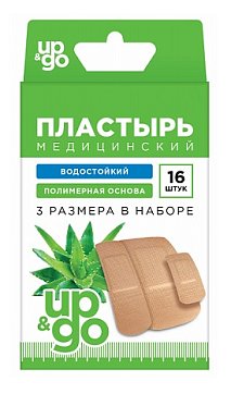 Пластырь UP&GO бактерицидный водостойкий на полимерной основе Алоэ, 16 шт