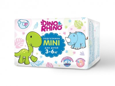 Купить подгузники для детей 3-6 кг дино и рино (dino & rhino) размер мини, 27 шт в Нижнем Новгороде