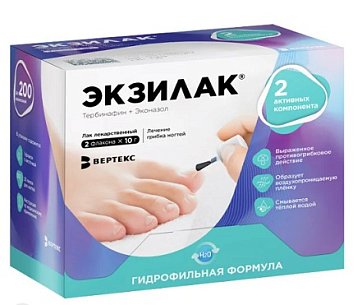 Экзилак, лак для ногтей лекарственный 4%+3%, 10г, 2 шт